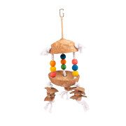 Colorful bird toy with coconut and cubes on rope Duvoplus
